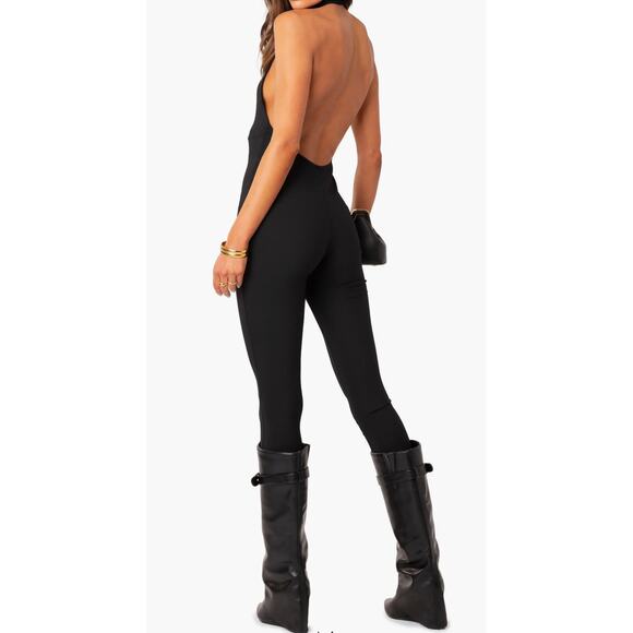 NWT Edikted Women's Black Aero Open Back Halter Sleeveless Jumpsuit Size Medium - Picture 2 of 8